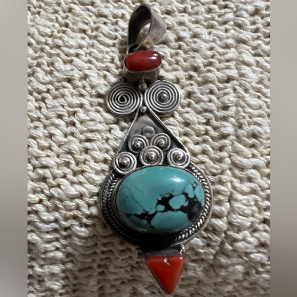 Hand Crafted Jewelry - Hand Crafted  silver 925 Turquoise and Red Necklace